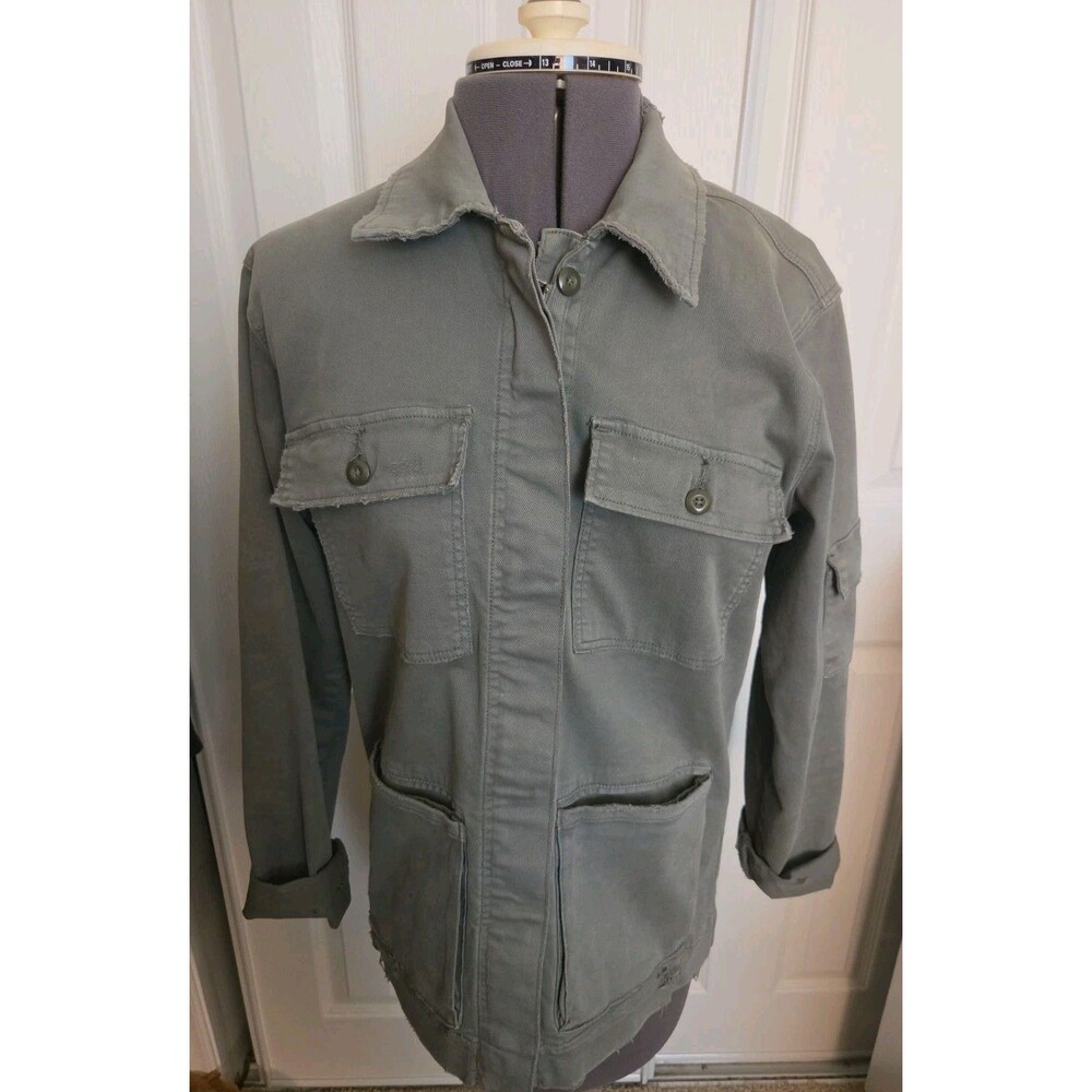 FRAME Platoon Utility Cargo Jacket Distressed Look Olive Green XS - Excellent
